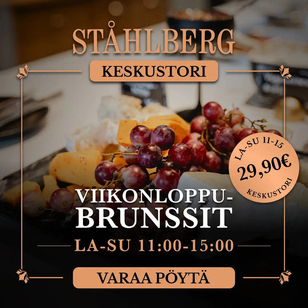 Kuvassa lähikuva Ståhlberg Keskustorin brunssikattauksesta, jossa kuvan keskellä punaisia rypäleitä ja erilaisia juustoja. Teksti: Viikonloppubrunssit LA-SU klo 11-15. 29,90€/hlö. Varaa pöytäsi.