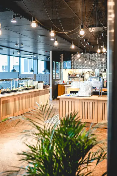 Lähikuva siipibuffet annoksesta. Lautasella ristikkoperunoita ja wingsejä