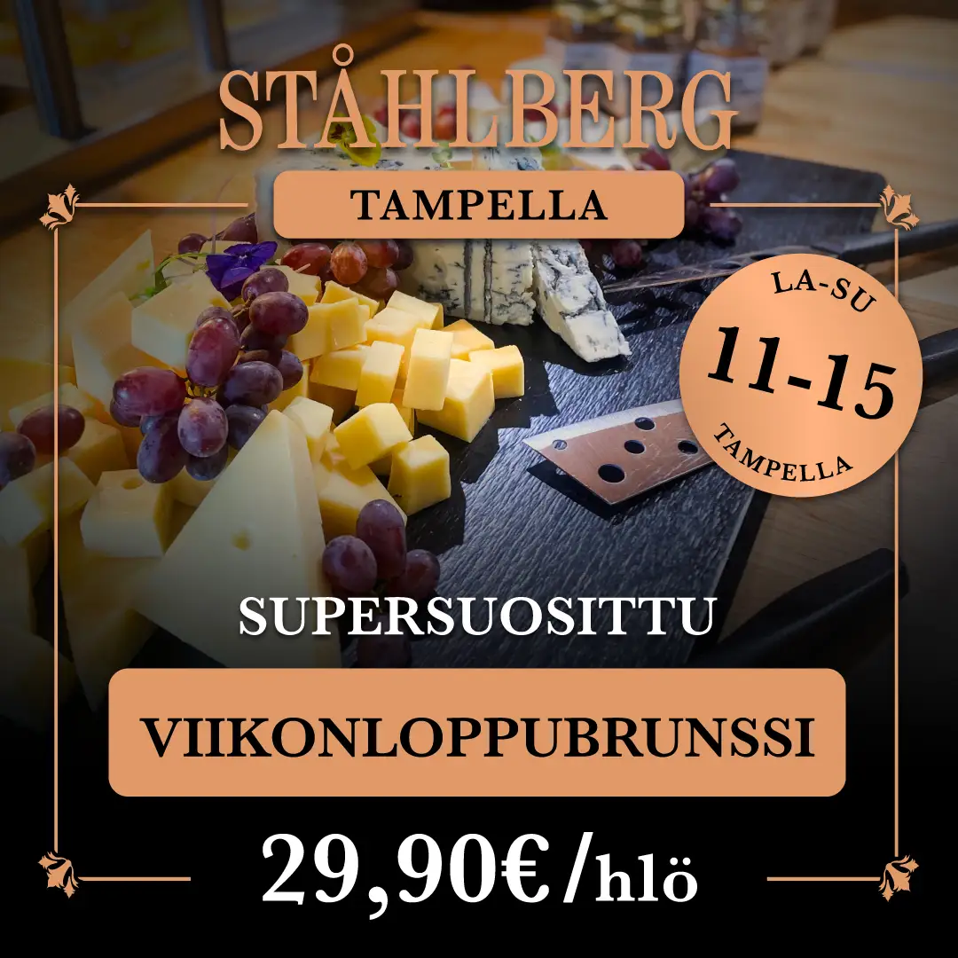 Lähikuva juustotarjottimesta Tampellan viikonloppubrunssilta jonka päällä teksti Supersuosittu Viikonloppubrunssi LA-SU 29,90€